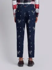 Unconstructed Chino In Washed Denim With Distressed Tennis Half Drop Embroidery