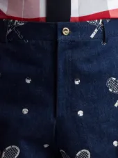 Unconstructed Chino In Washed Denim With Distressed Tennis Half Drop Embroidery