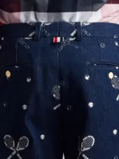 Unconstructed Chino In Washed Denim With Distressed Tennis Half Drop Embroidery