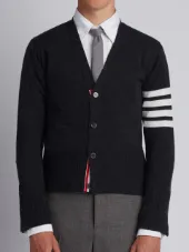 V-Neck Cardigan With 4-Bar Stripe In Dark Grey Cashmere