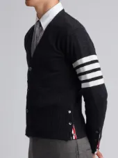 V-Neck Cardigan With 4-Bar Stripe In Dark Grey Cashmere