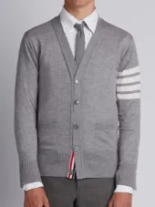 V-Neck Cardigan With 4-Bar Stripe In Light Grey Merino