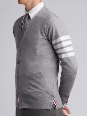V-Neck Cardigan With 4-Bar Stripe In Light Grey Merino