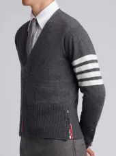 V-Neck Cardigan With 4-Bar Stripe In Medium Grey Cashmere