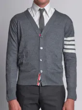 V-Neck Cardigan With 4-Bar Stripe In Medium Grey Merino