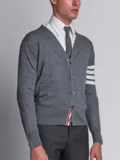 V-Neck Cardigan With 4-Bar Stripe In Medium Grey Merino