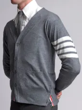 V-Neck Cardigan With 4-Bar Stripe In Medium Grey Merino
