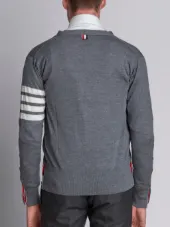 V-Neck Cardigan With 4-Bar Stripe In Medium Grey Merino