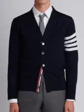 V-Neck Cardigan With 4-Bar Stripe In Navy Blue Merino