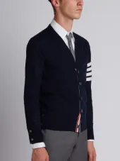V-Neck Cardigan With 4-Bar Stripe In Navy Blue Merino