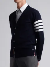 V-Neck Cardigan With 4-Bar Stripe In Navy Blue Merino