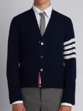 V-Neck Cardigan With 4-Bar Stripe In Navy Cashmere