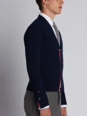V-Neck Cardigan With 4-Bar Stripe In Navy Cashmere