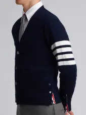 V-Neck Cardigan With 4-Bar Stripe In Navy Cashmere