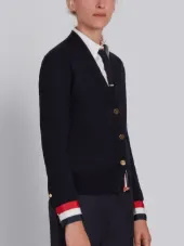 V-neck Cardigan With Red, White And Blue Grosgrain Cuff In Fine Merino Wool