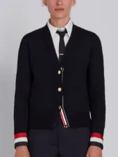 V-neck Cardigan With Red, White And Blue Grosgrain Cuff In Fine Merino Wool