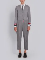V-neck Cardigan With Red, White And Blue Grosgrain Cuff In Fine Merino Wool