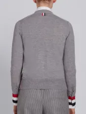 V-neck Cardigan With Red, White And Blue Grosgrain Cuff In Fine Merino Wool