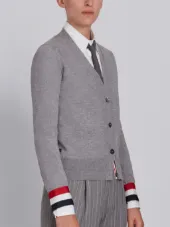 V-neck Cardigan With Red, White And Blue Grosgrain Cuff In Fine Merino Wool