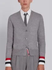 V-neck Cardigan With Red, White And Blue Grosgrain Cuff In Fine Merino Wool