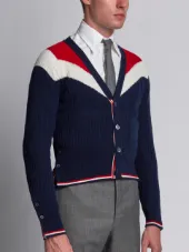 V-Neck Cardigan With Saddle Sleeves And Chevron In Ribbed Cashmere