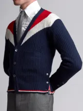 V-Neck Cardigan With Saddle Sleeves And Chevron In Ribbed Cashmere