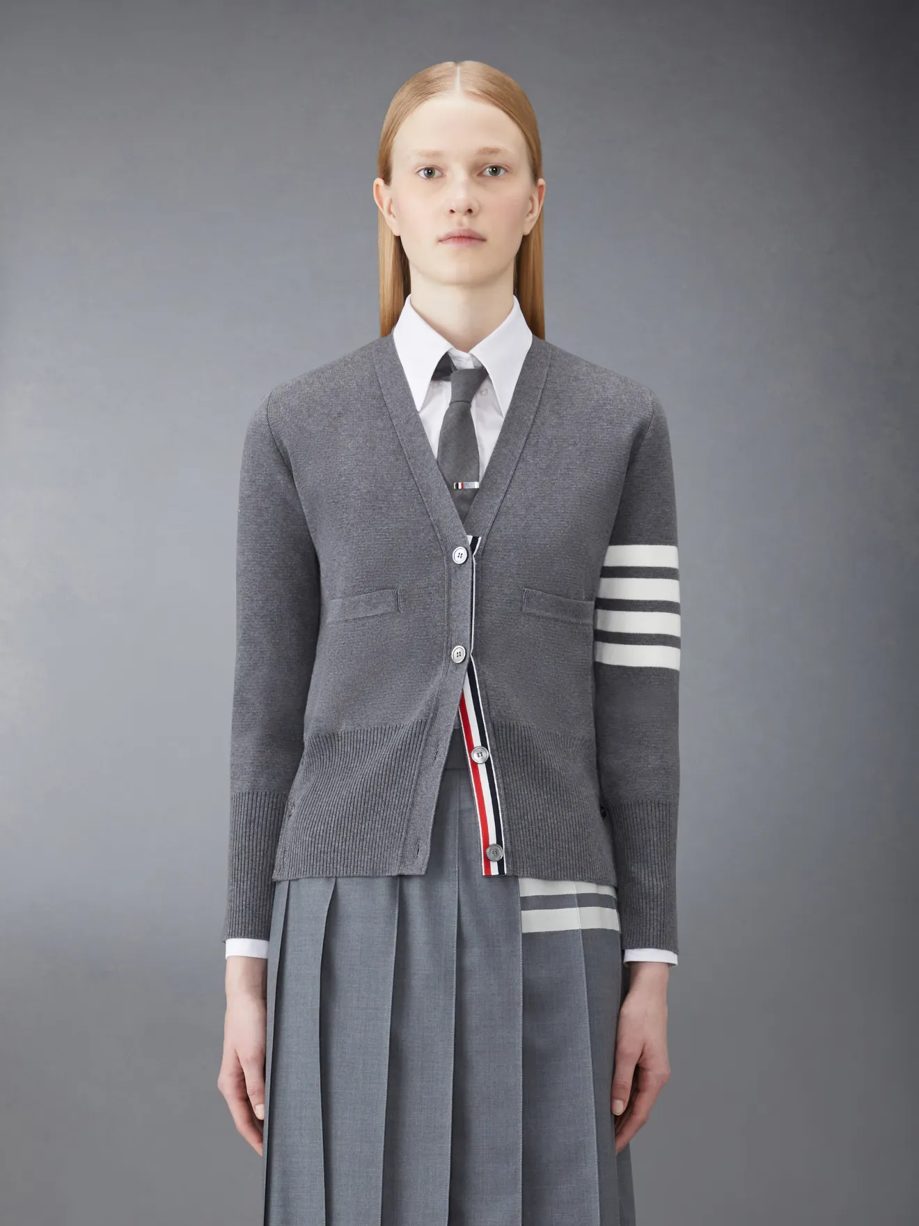 THOM BROWNE ホワイト コットンクレープ Vネック4BARカーディガン-