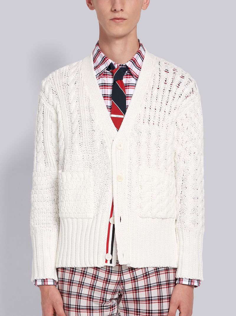 ホワイトコットンクレープ アランケーブル Vネックカーディガンホワイト Thom Browne 公式オンラインサイト ホワイトコットンクレープ アランケーブル Vネックカーディガンホワイト Thom Browne 公式オンラインサイト