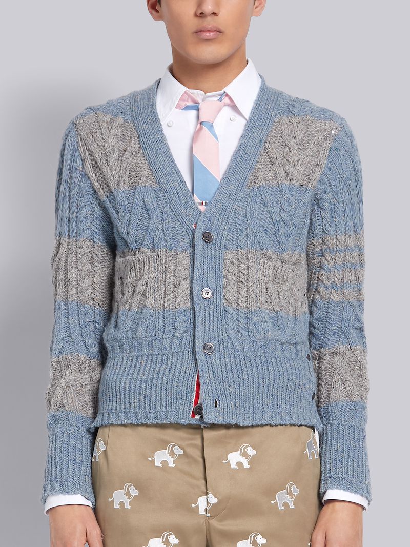 ライトブルー モヘアツイード アランケーブル ラグビーストライプ Vネックカーディガンブルー Thom Browne 公式オンラインサイト