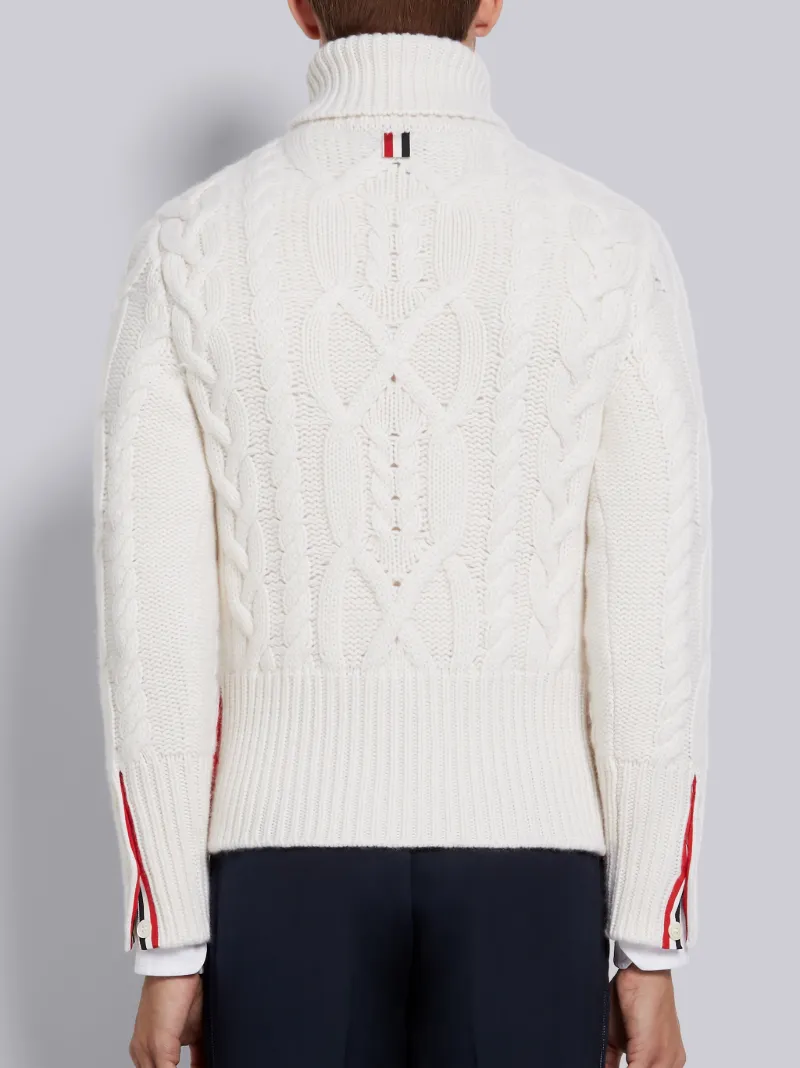 White Cashmere Aran Cable Diagonal Stripe Classic Turtleneck