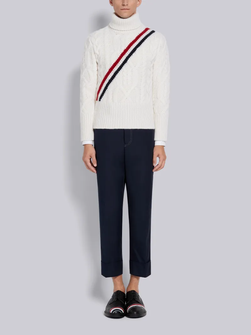 White Cashmere Aran Cable Diagonal Stripe Classic Turtleneck