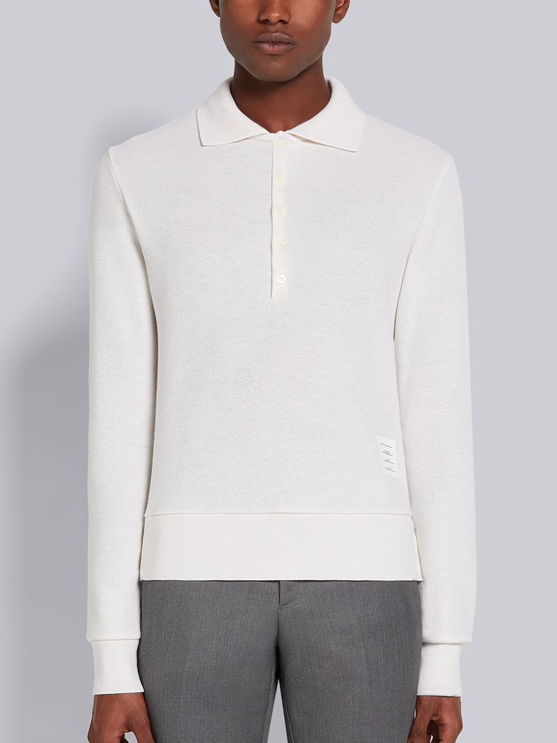 White Cashmere Pique Rib Cuff Long Sleeve Polo