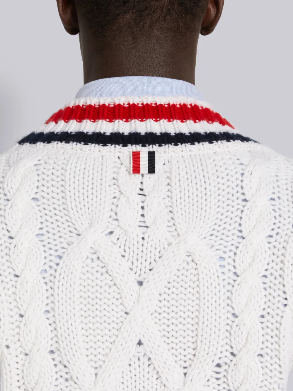 White Cashmere Stripe Trim Cable Knit V-Neck Vest | Thom Browne