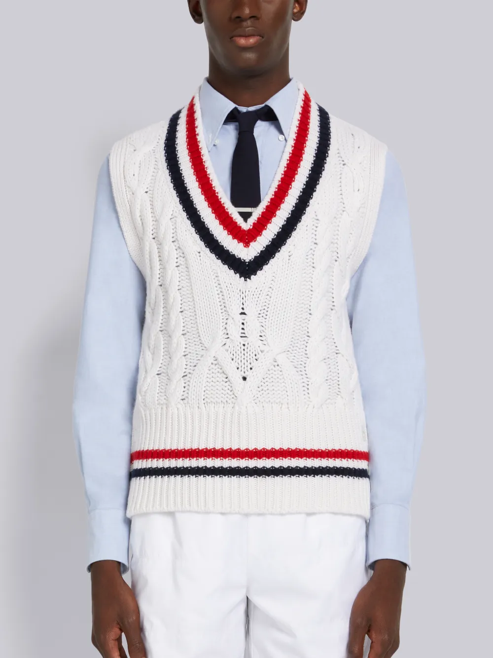 White Cashmere Stripe Trim Cable Knit V-Neck Vest | Thom Browne