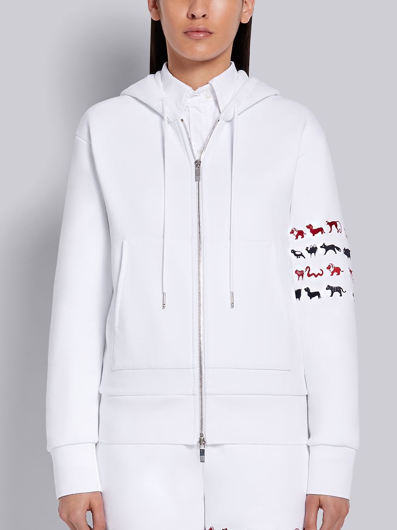 White Classic Loopback Relaxed Fit Animal Icon 4Bar Zipup Hoodie