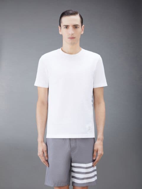 White Cotton Interlock Mock Neck Short Sleeve 4-Bar Intarsia Tee