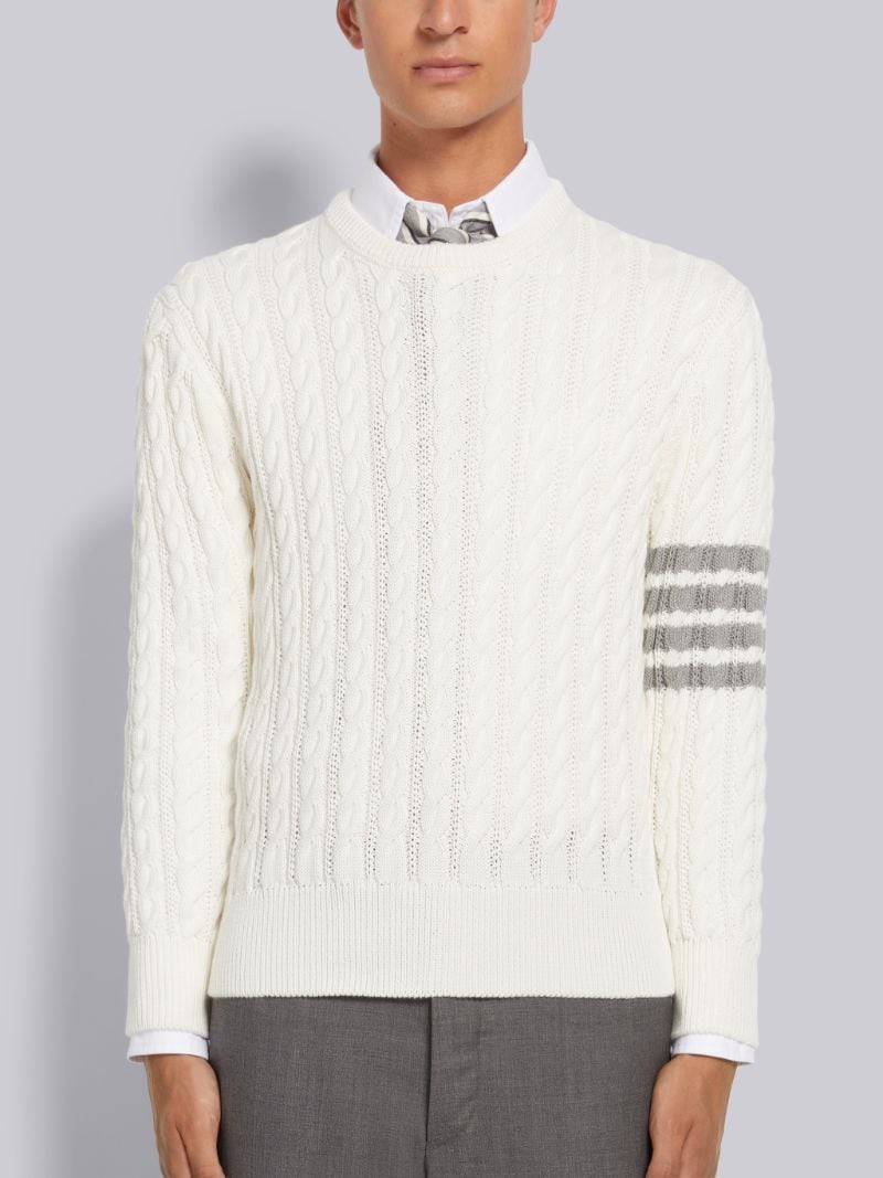 White Cotton 4-Bar Cable Knit Crew Neck Pullover
