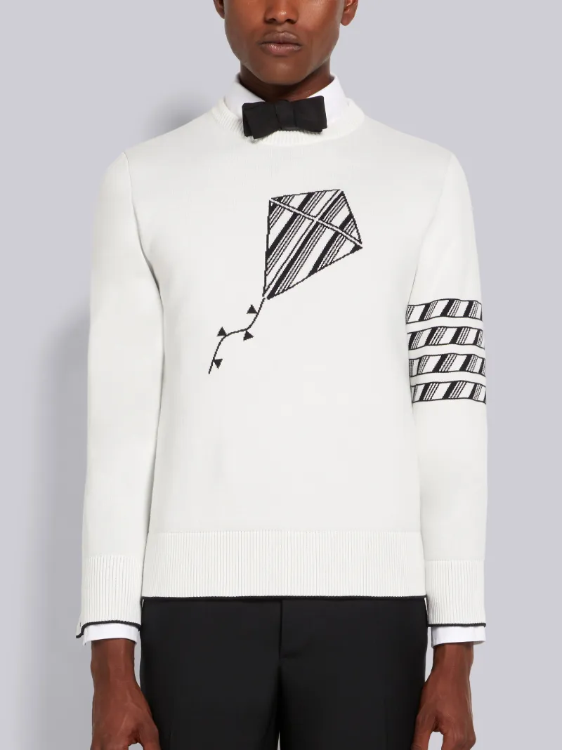 White Cotton 4-Bar Kite Icon Jacquard Crew Neck Pullover