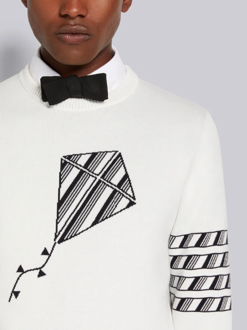 White Cotton 4-Bar Kite Icon Jacquard Crew Neck Pullover | Thom Browne