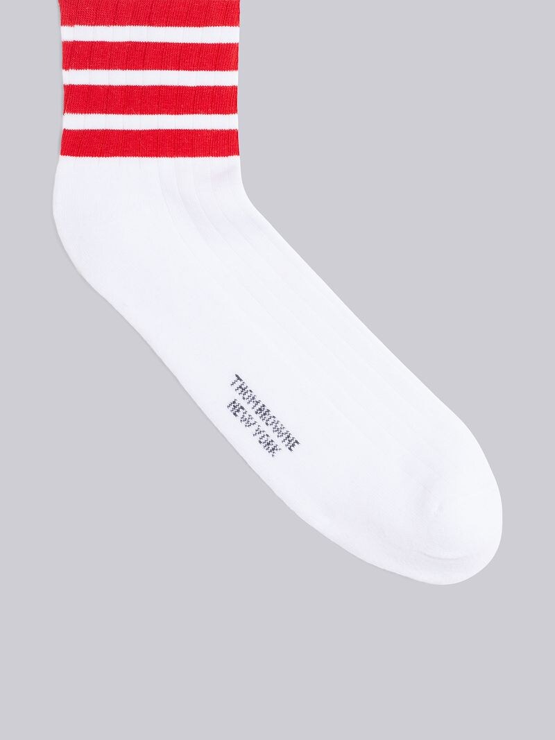 White Cotton Ankle Red 4-Bar Socks