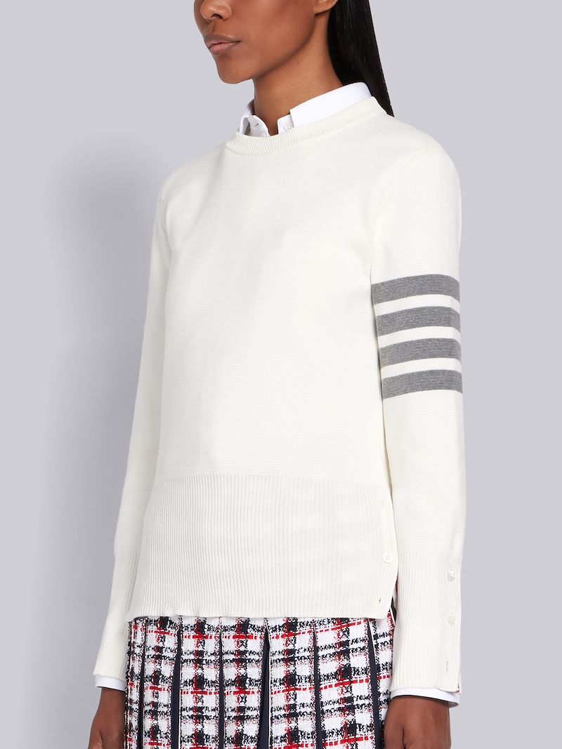 White Cotton Crepe Milano Stitch Crewneck 4-Bar Pullover