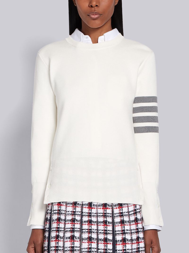 White Cotton Crepe Milano Stitch Crewneck 4-Bar Pullover