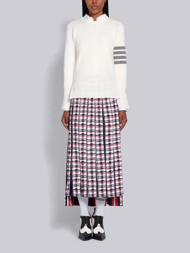 White Cotton Crepe Milano Stitch Crewneck 4-Bar Pullover