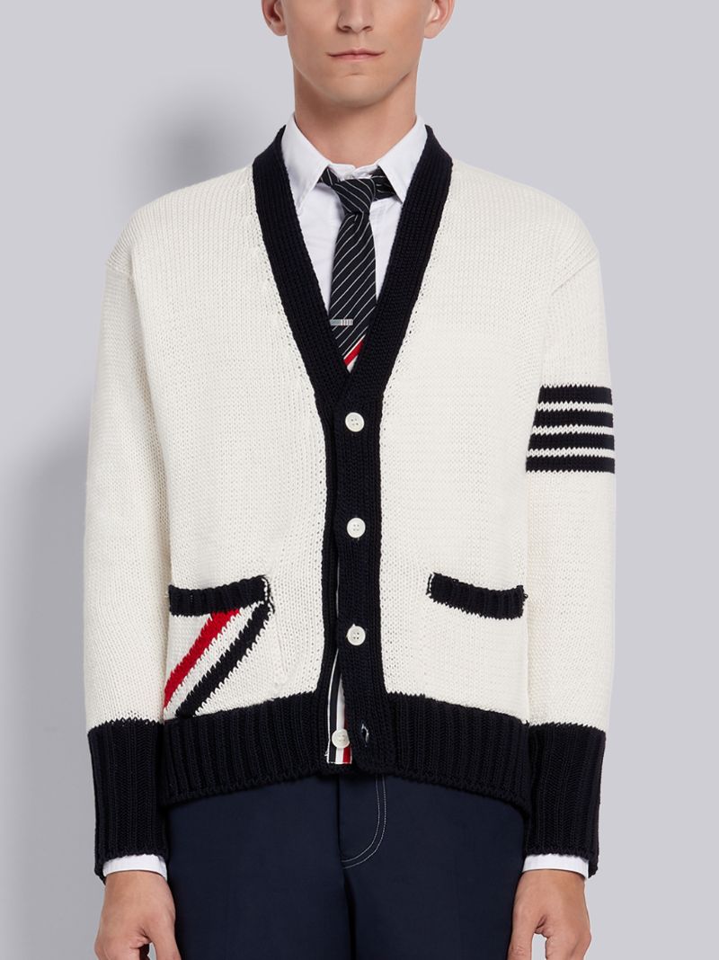 White Cotton Jersey Stitch Intarsia Stripe Pocket 4-Bar V-Neck Cardigan