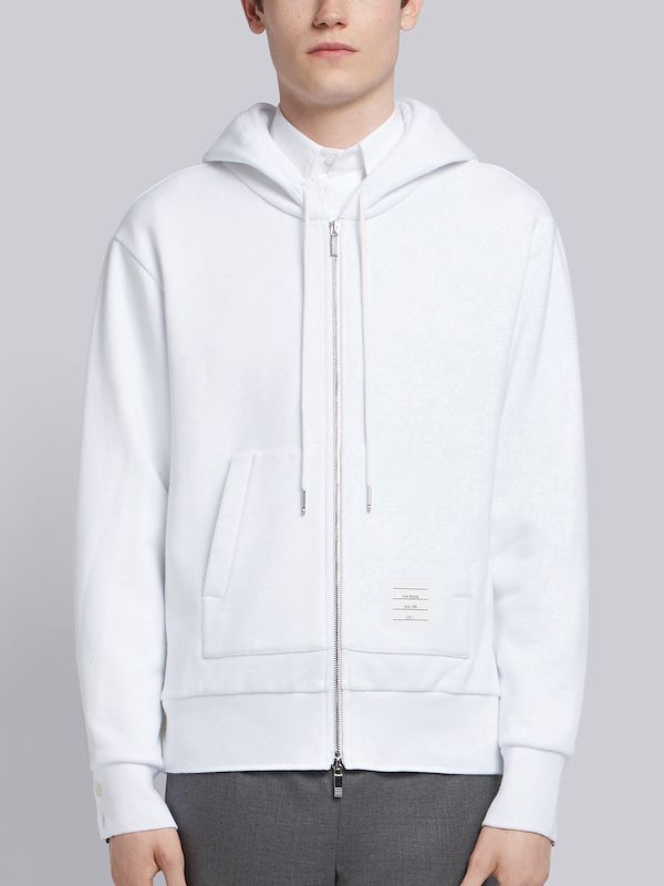 White Cotton Loopback Center Back Stripe Zip-up Hoodie