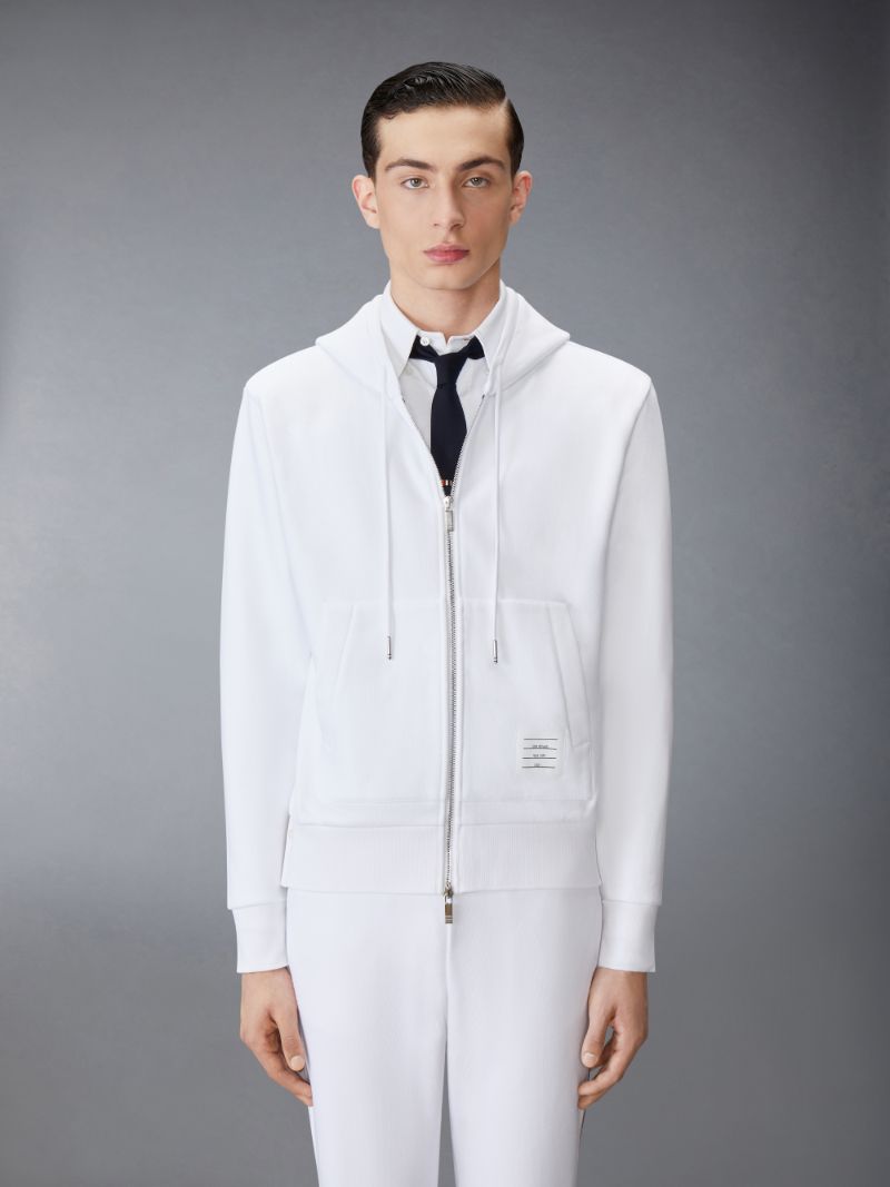 White Cotton Loopback Center Back Stripe Zip up Hoodie Thom Browne