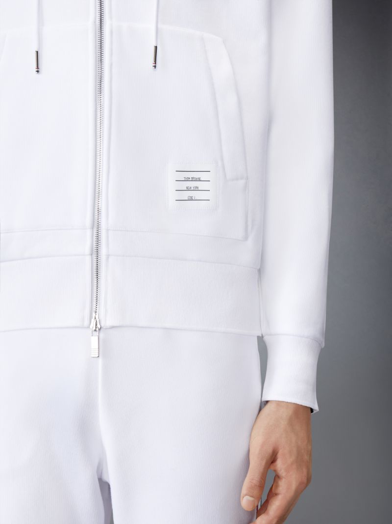 White Cotton Loopback Center Back Stripe Zip up Hoodie Thom Browne