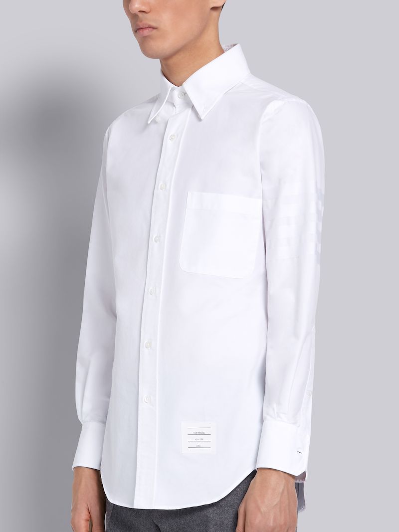 White Cotton Oxford Long Sleeve Satin Weave 4-Bar Shirt