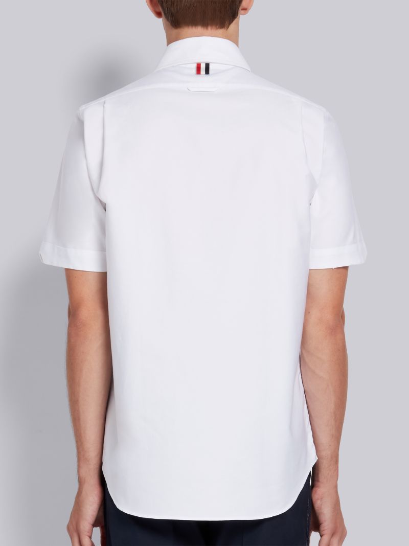 White Cotton Oxford Printed Diagonal Stripe Straight Fit Short Sleeve Shirt