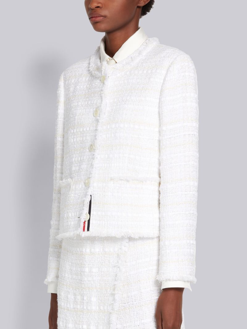White Cotton Oxford Ribbon Tweed Frayed Unconstructed Crewneck Cardigan Jacket